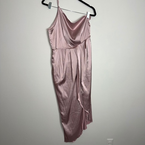 Dresses & Skirts - Rose Pink Elegant Satin One Shoulder Midi Dress Draped Asymmetrical Hem Size M